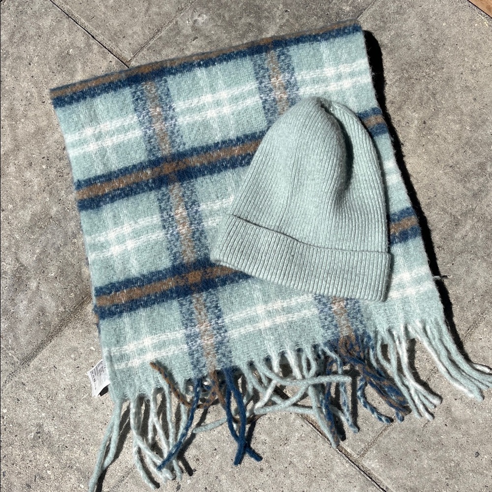 H&M Teal and Brown Plaid Wool Scarf & Teal Beanie ( 2 Pieces )
